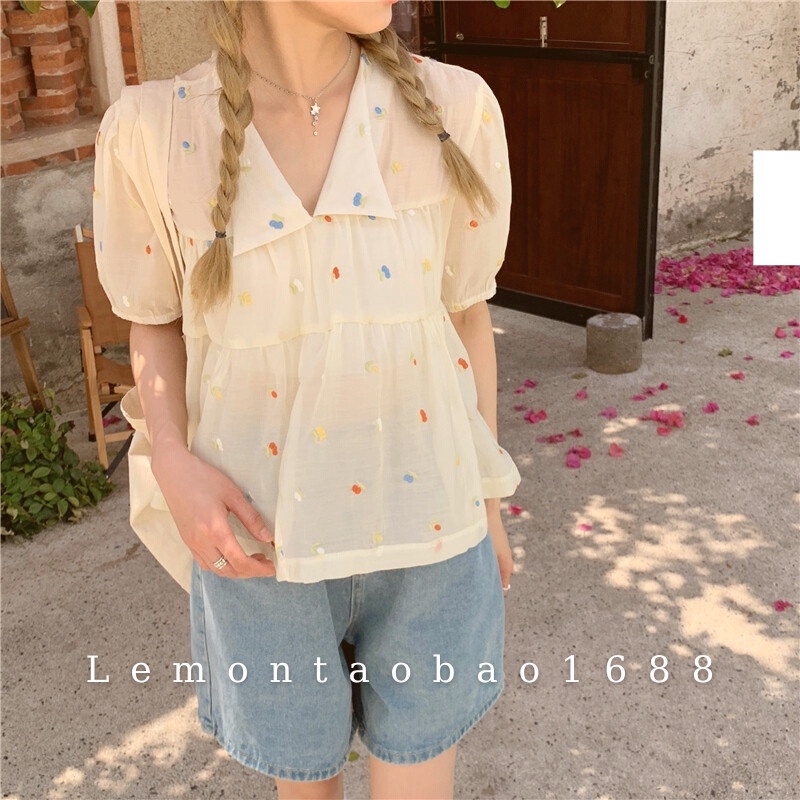 Áo chiffon tay ngắn cổ bẻ chữ V họa tiết dễ thương mùa hè