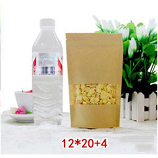 50 cái túi zipper size 12x20 cm đựng 100g bột mịn, túi zip giấy kraft vàng có cửa sổ, túi zipper đựng thực phẩm