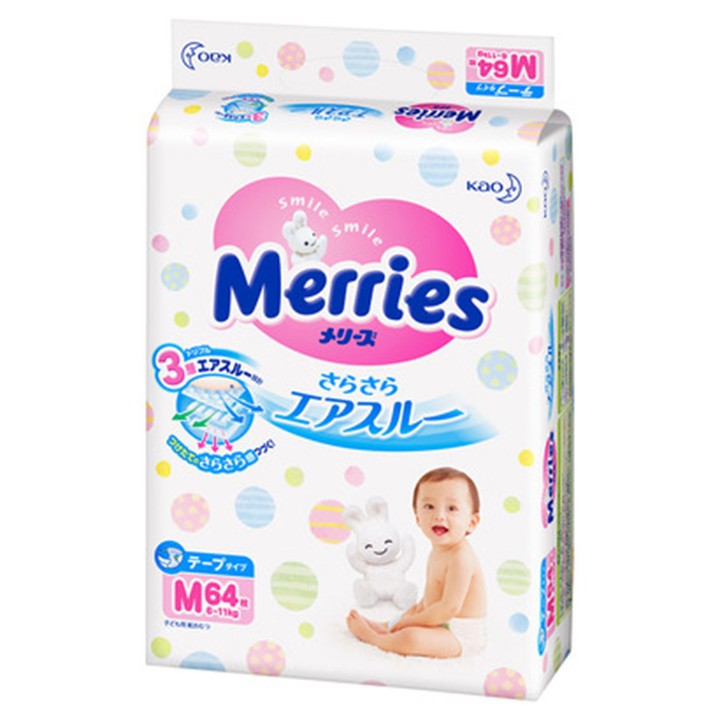 TÃ DÁN MERRIES NỘI ĐỊA NHẬT SIZE M (CHO BÉ TỪ  6-11KG), GÓI 64 MIẾNG