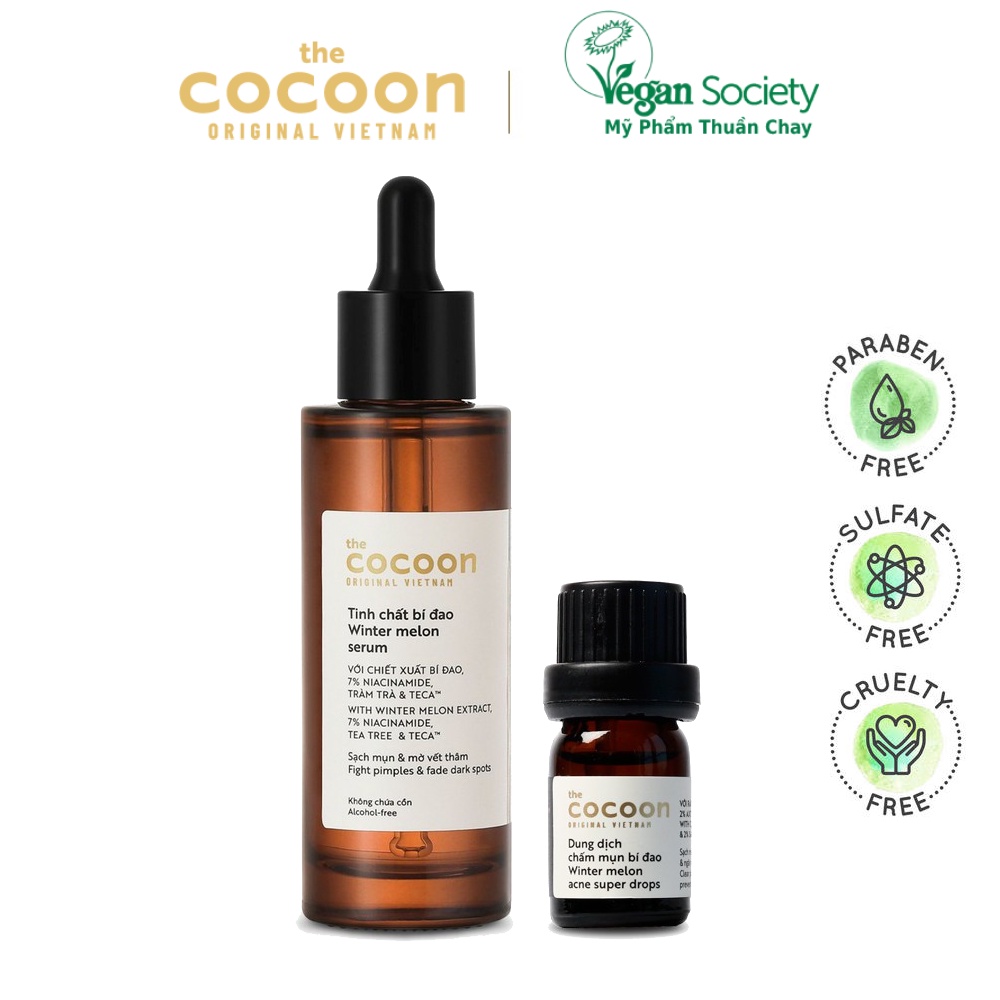 Bộ tinh chất bí đao cocoon 70ml + Dung Dịch Chấm mụn bí đao cocoon 5ml - Vegan Society