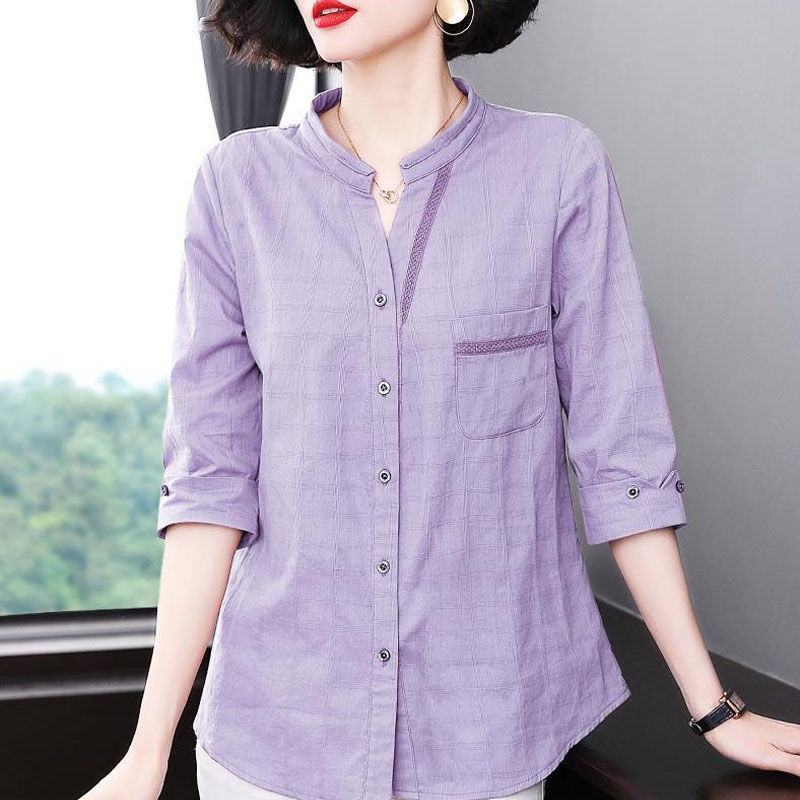 Áo sơ mi cotton tay lửng dáng rộng kẻ sọc caro thiết kế dành cho phụ nữ trung niên