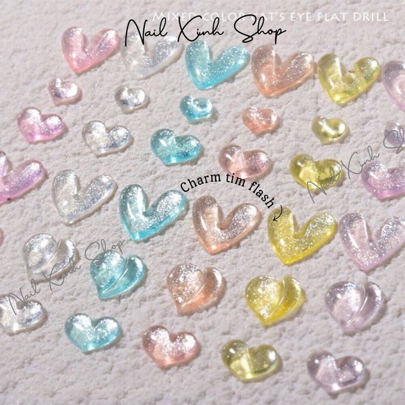 Set 10 charm tim flash mắt mèo - phụ kiện nail hot
