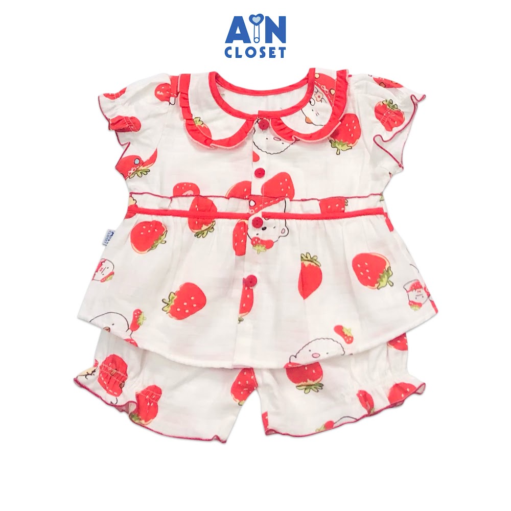 Bộ quần áo ngắn bé gái họa tiết Gấu dâu đỏ xô sợi tre - AICDBG4XEYPJ - AIN Closet