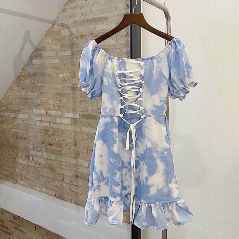 -  Đầm Nữ Loang Xanh Trễ Vai Dây Đan 🦋 Váy Body Nữ Dáng Ngắn Chất Thun Cộc Tay Cổ Vuông