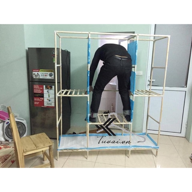 Tủ vải khung gỗ 3 buồng 8 ngăn