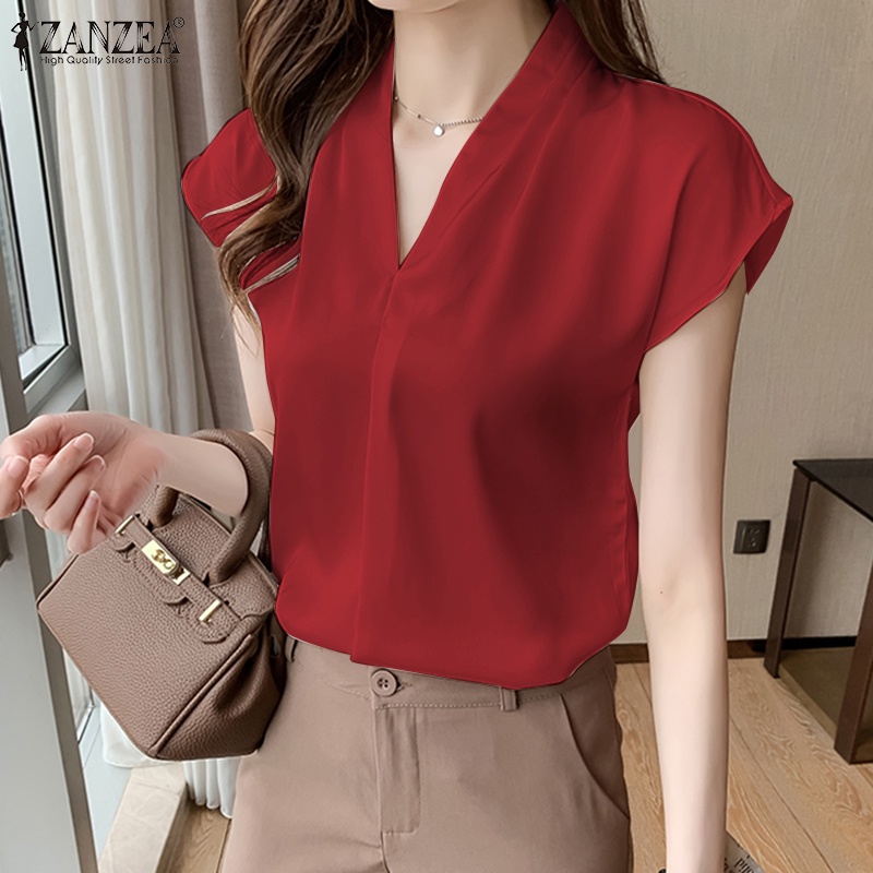 ZANZEA Áo Sơ Mi Vải Satin Tay Ngắn Cổ Chữ V Thời Trang Cho Nữ