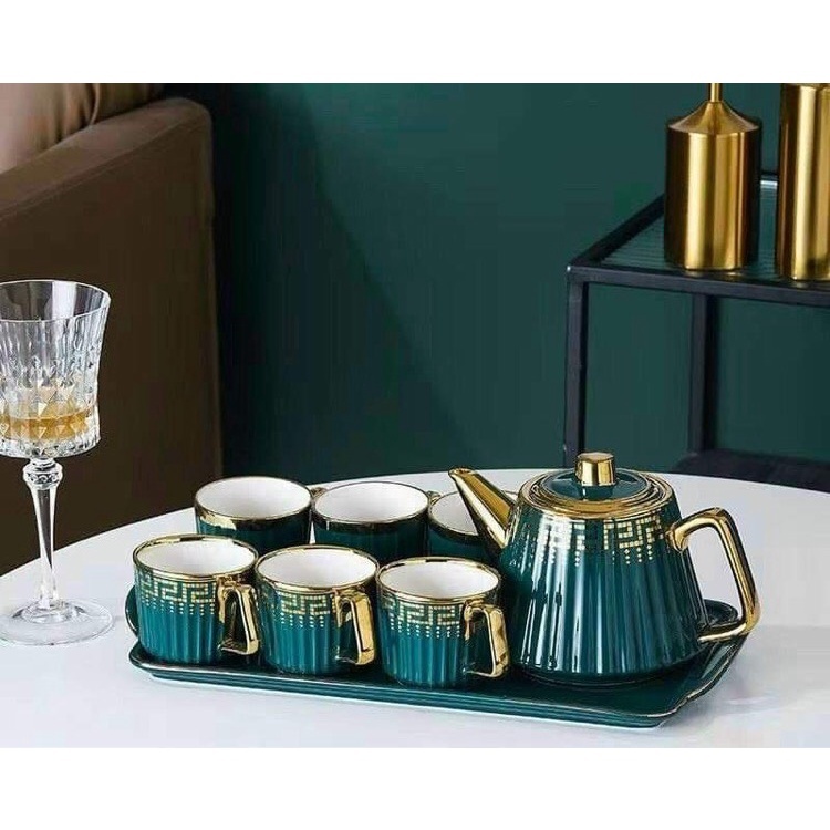 Bộ bình 6 cốc mạ viền vàng phong cách cổ điển sang trọng 2 màu xanh, trắng( ngắn, hoạ tiết zic zac)