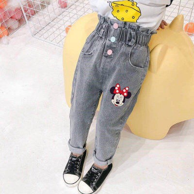 Quần jeans dài in họa tiết chuột Mickey hoạt hình xinh xắn cho bé gái từ 1-7 tuổi