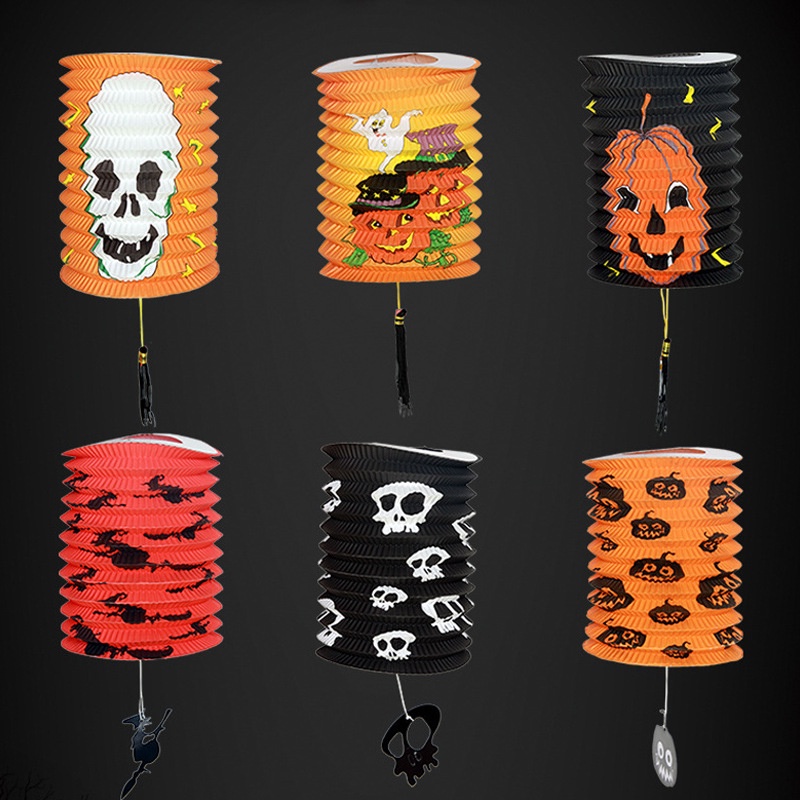 Lồng đèn giấy hình trụ có họa tiết halloween ,Trung thu - Lồng đèn giấy trang trí Trung thu Đèn Lồng Bí Ngô