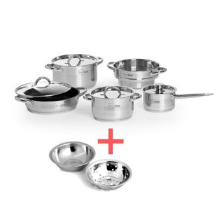 Bộ nồi inox Fivestar 3 đáy từ thân libi nắp inox 5 cái tặng bộ thau rổ inox