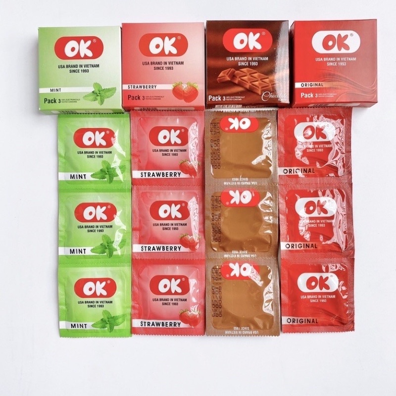 Bao Cao Su OK Hương Dâu Tây Strawberry 49mm - Hộp 3 hoặc 1 bcs