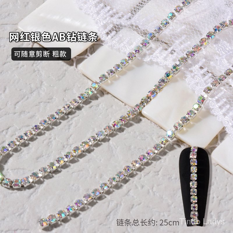 Phụ kiện dây xích kim loại đính đá 3D long lanh sang trọng trang trí móng nghệ thuật