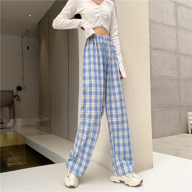 Autumn New Women's Large-size Plaid Wide-legged Pants Women Fat MM High-waisted Straight Straight Loose-fitting Drag Pants