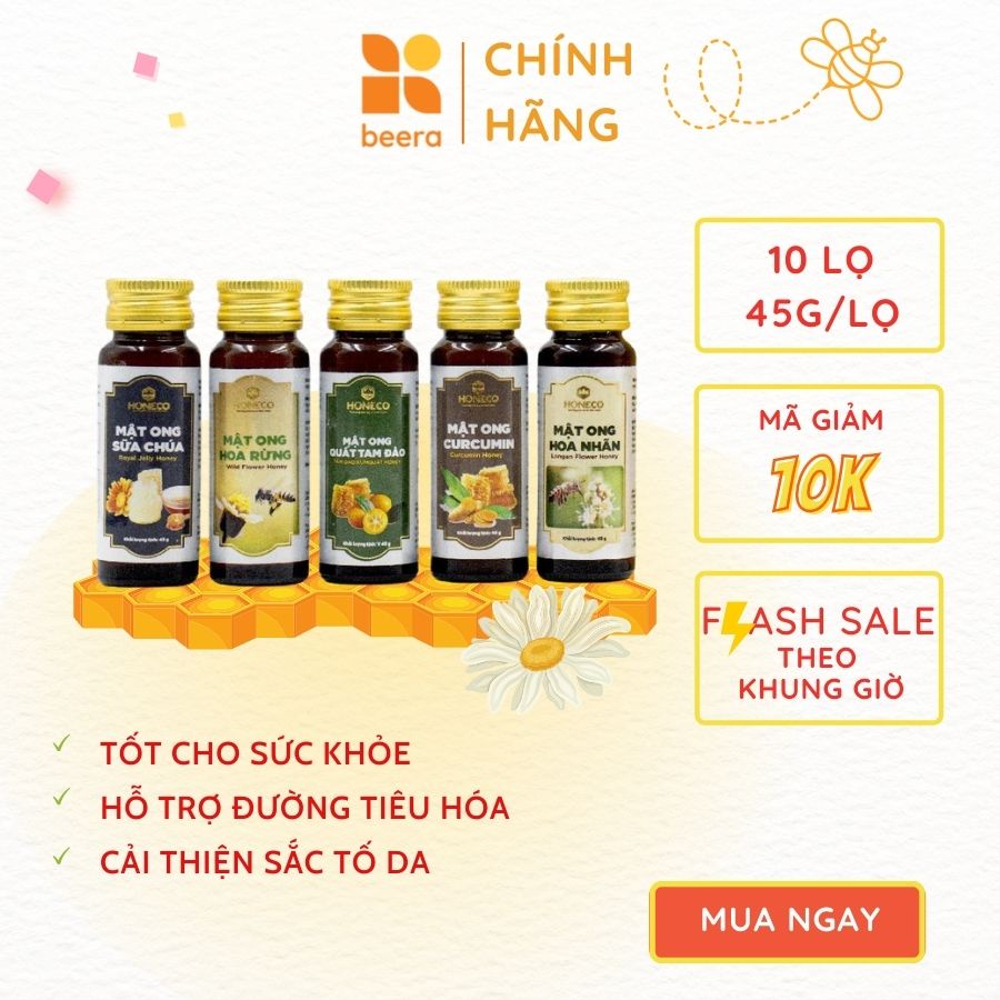 Hộp Quà Mật Ong Nguyên Chất đa hoa 5 loại Honeco Beera pha nước ấm(10 lọ x 45g)