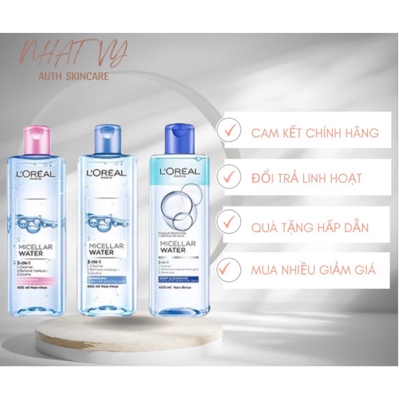 Nước tẩy trang L'oreal  400ml ⚡ CAM KẾT CHÍNH HÃNG ⚡ Nước tẩy trang L'oreal Paris Micellar Water 3 in 1