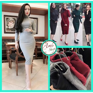 Váy body cổ lọ 5 màu len tăm