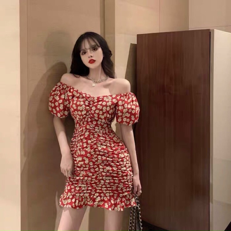 Đầm bông lụa kiểu nhùm xoè trễ vai