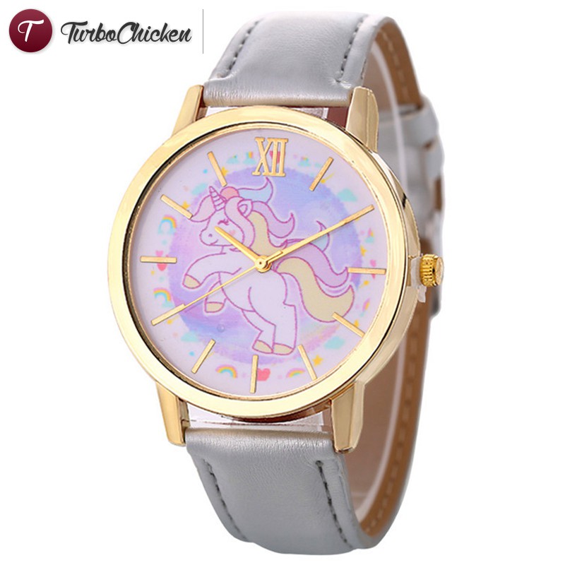 #Đồng hồ đeo tay# Women Watch Watches Happy Unicorn Cartoon Watch Leather Strap Quartz Watch