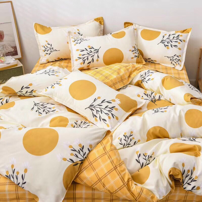 Bộ chăn ga gối Poly Hàn Quốc Vàng tròn sang trọng cao cấp (Tặng vỏ gối ôm) - Miễn phí bo chun