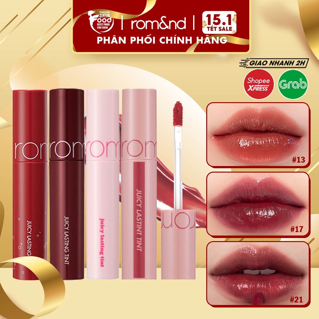 [Full 27 màu] Son Tint Bóng, Siêu Lì, Căng Mọng Môi Hàn Quốc Romand Juicy Lasting Tint 5.5g (12 đỏ cherry, 13 nâu gạch)