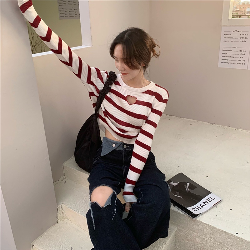 Áo kiểu ZHELIHANGFEI dệt kim tay dài ôm vừa vặn họa tiết kẻ sọc ngang thời trang