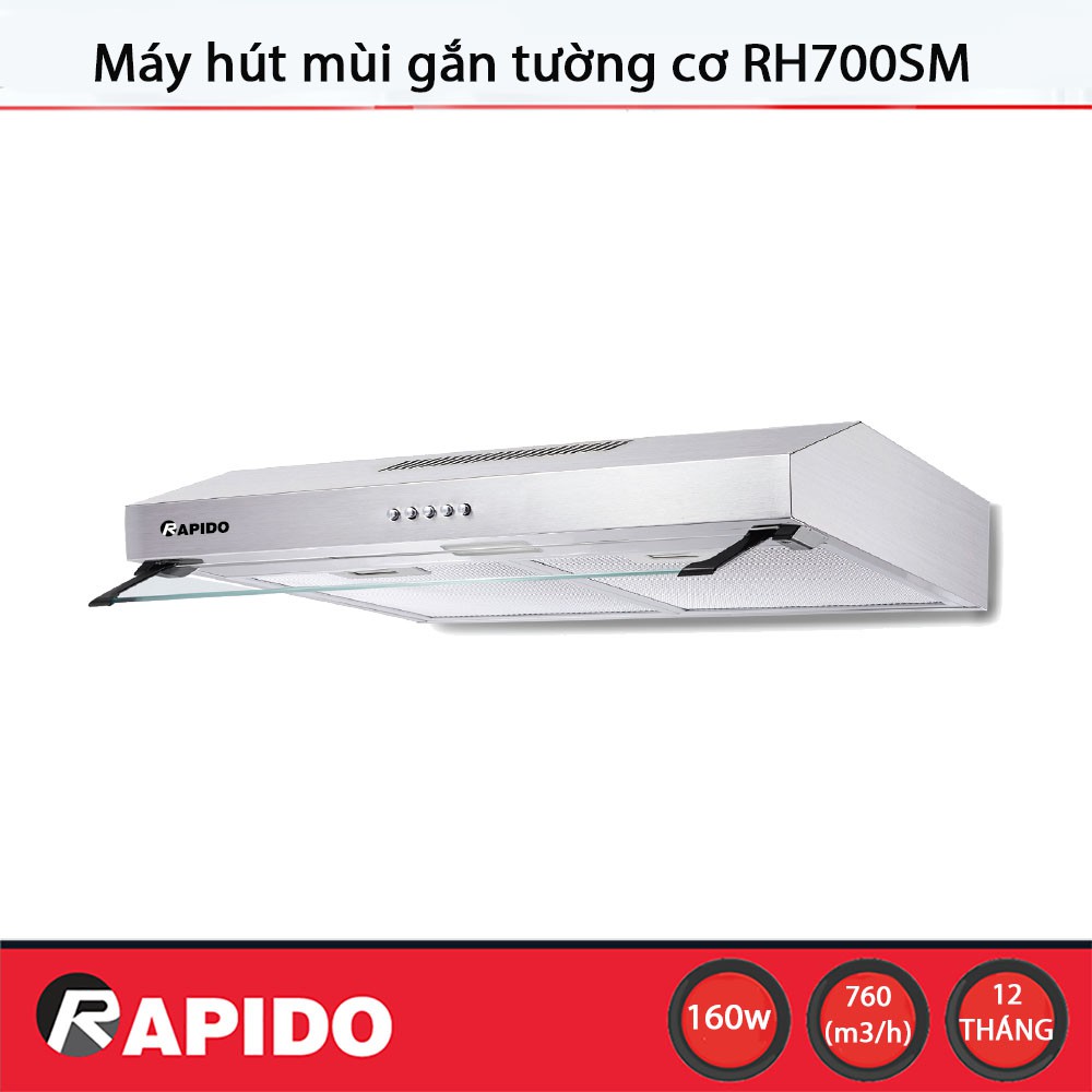 Máy hút mùi nhà bếp Rapido RH700S gắn tường, vỏ thép không gỉ, công suất 760 m³/h, lưới lọc dầu mỡ bằng nhôm 6 lớp