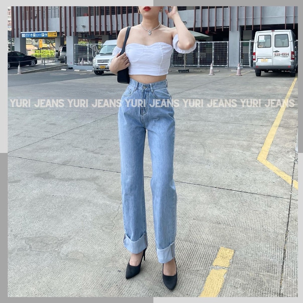 [FREESHIP] Quân Jeans Ống Rộng Lật Lai Lưng Cao 2 màu xanh đậm, nhạt Shop YuRi Jeans Nữ