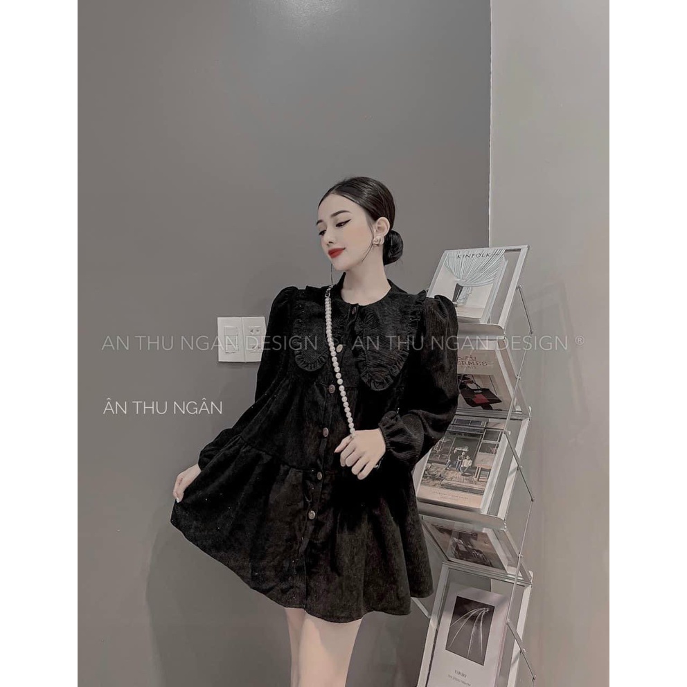 Váy đầm babydoll tay dài cổ bèo cài nút siêu dễ thương