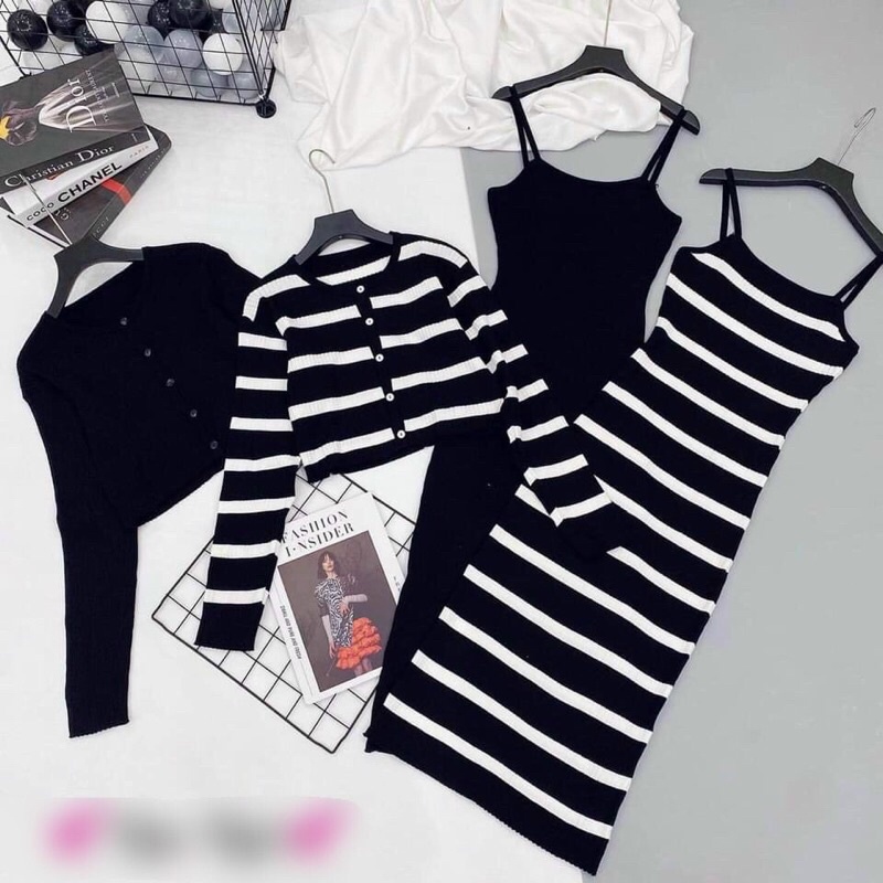 Set đầm váy len 2 dây body mix áo cadigan cài cúc hàng Quảng Châu