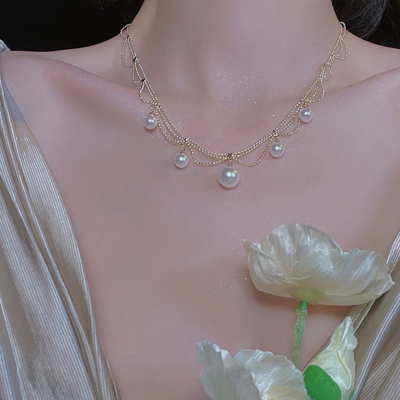 Dây Chuyền Nhiều Lớp Đính Ngọc Trai Phong Cách Công Chúa Cổ Điển Sang Trọng Dành Cho Nữ