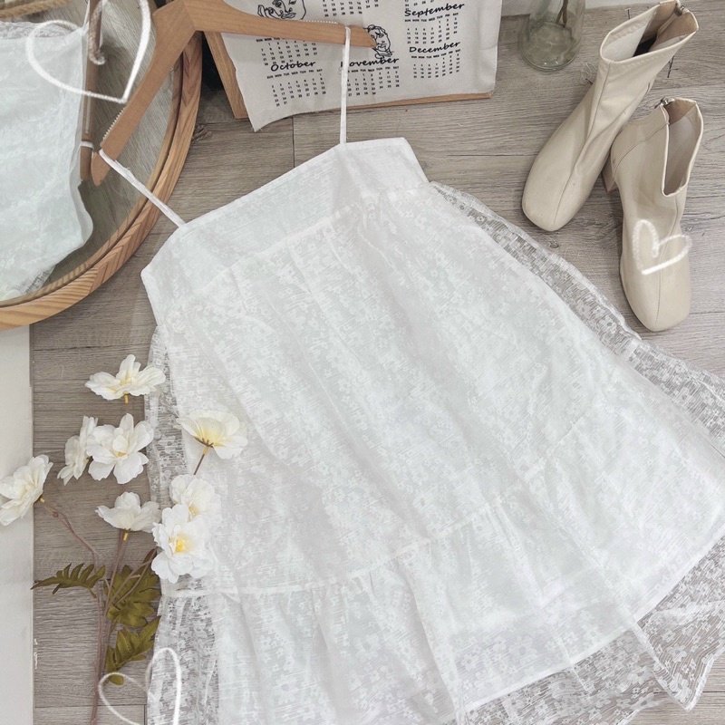 Đầm 2 dây Baby doll đuôi cá ren hoa thêu 2 lớp xinh xắn [kèm hình thật]