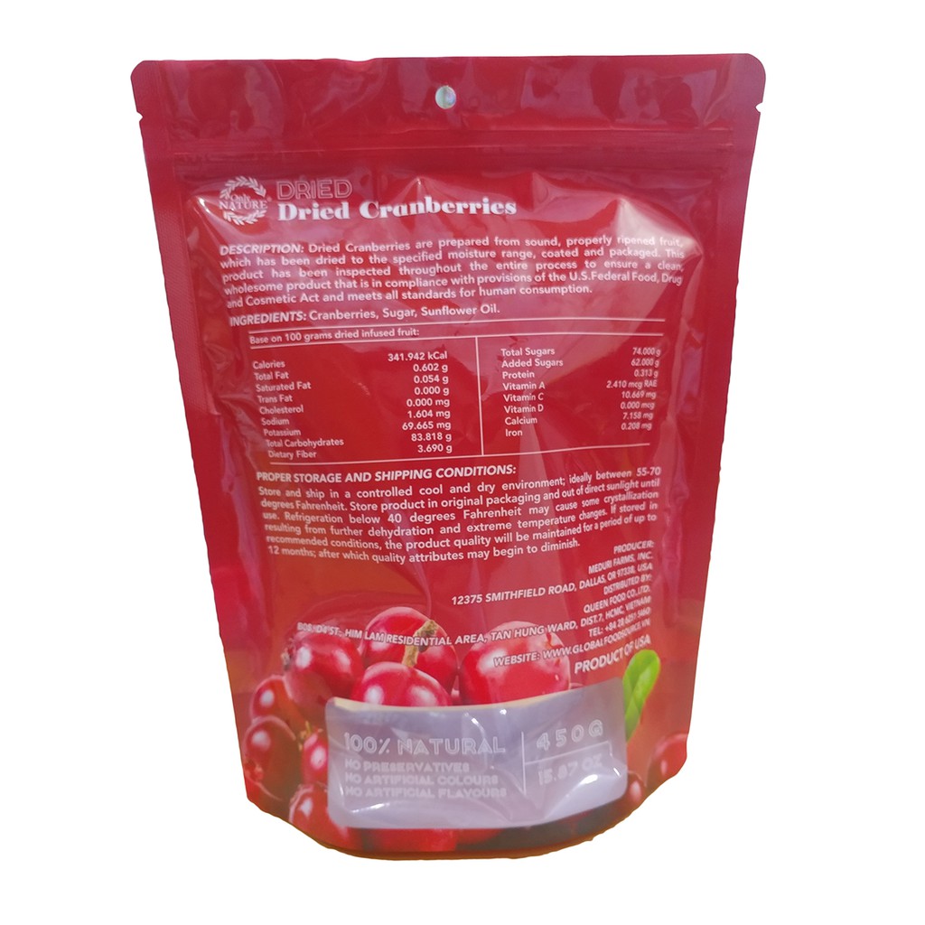 Nam việt quất sấy khô Only Nature 450g/ túi (Dried Cranberries)