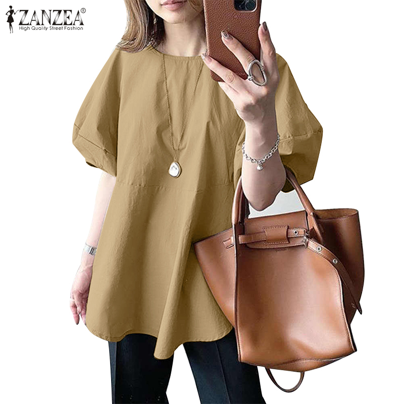 Áo Kiểu ZANZEA Tay Phồng Cổ Tròn Dáng Rộng Thời Trang Cho Nữ