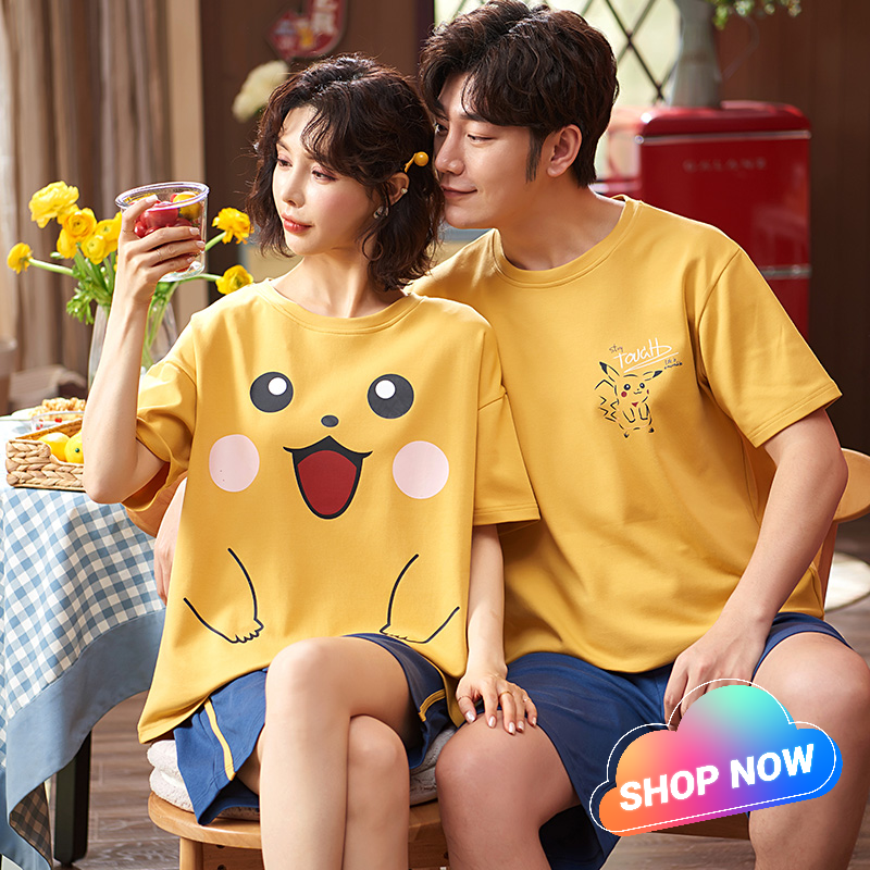 Hoạt Hình Bộ Đồ Ngủ Vải Cotton Dệt Kim In Hình Pikachu Kiểu Hàn Quốc Dễ Thương Cho Các Cặp Đôi