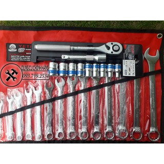 Bộ cờ lê Yeti USA 14 chi tiết 8-24 (khoá vòng miệng) + Bộ khẩu sửa chữa xe máy 12 chi tiết thép Cr-V cao cấp TOP GERMANY