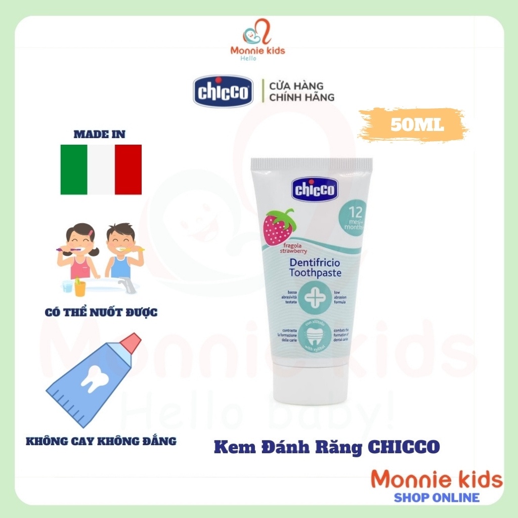 Kem đánh răng cho bé nuốt được CHICCO 12m+, kem đánh răng trẻ em vị dâu 50ml - Monnie Kids