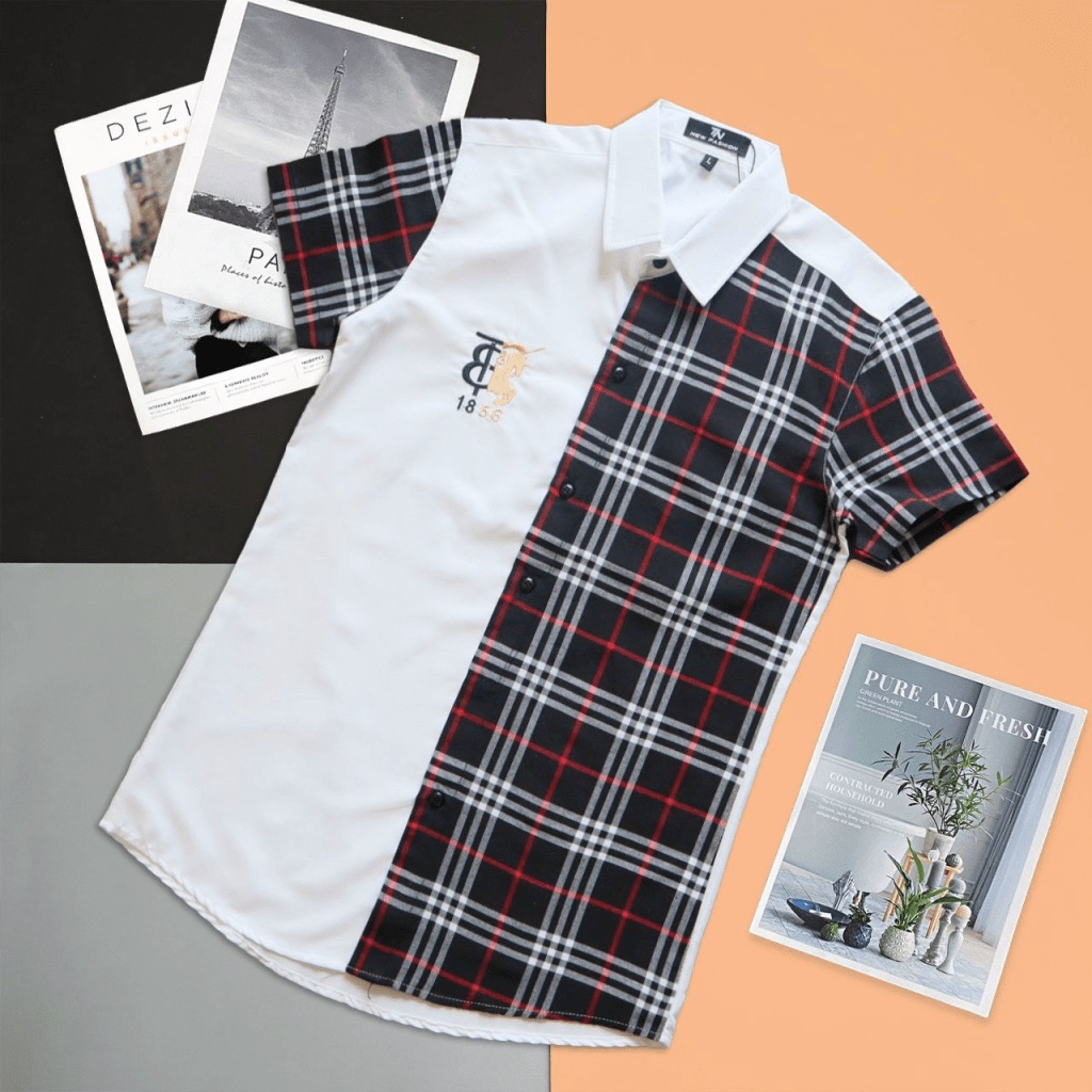 Áo Sơ Mi Nam Tay Ngắn Phối Nửa Sọc Caro Logo Thêu Nổi Vải Lụa Ép Nhiệt 3D Phong Cách Thời Trang Mới [NEW UNISEX]