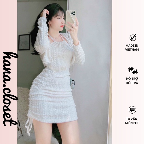 Váy đầm body cổ yếm set váy kèm áo khoác crotop phong cách tiểu thư ulzzang đi chơi dạo phố hẹn hò