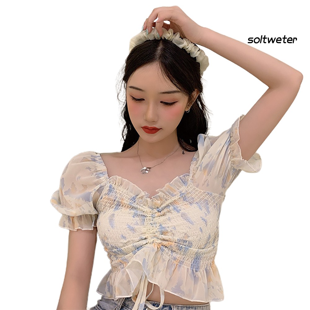 Áo Lửng Tay Phồng Rút Dây Phong Cách Quyến Rũ Dành Cho Nữ