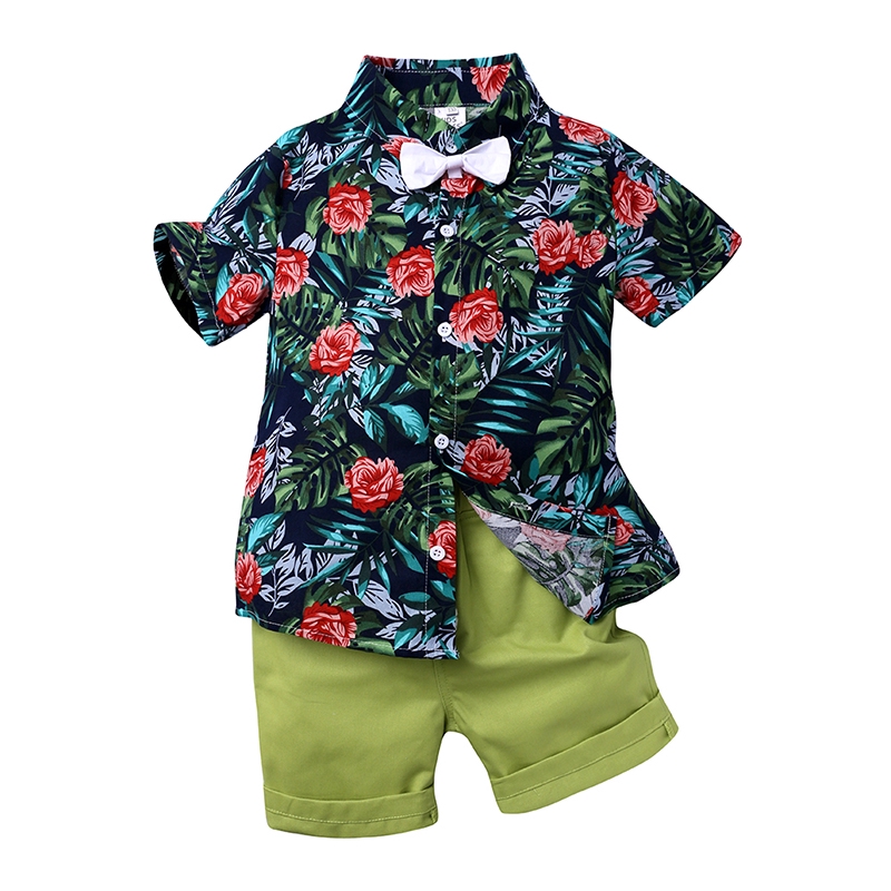 Set Áo Thun Tay Ngắn &amp; Quần Short In Hoa Cho Bé Trai