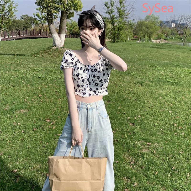 Áo Croptop Tay Ngắn Hoạ Tiết Hoa Thiết Kế Thanh Lịch