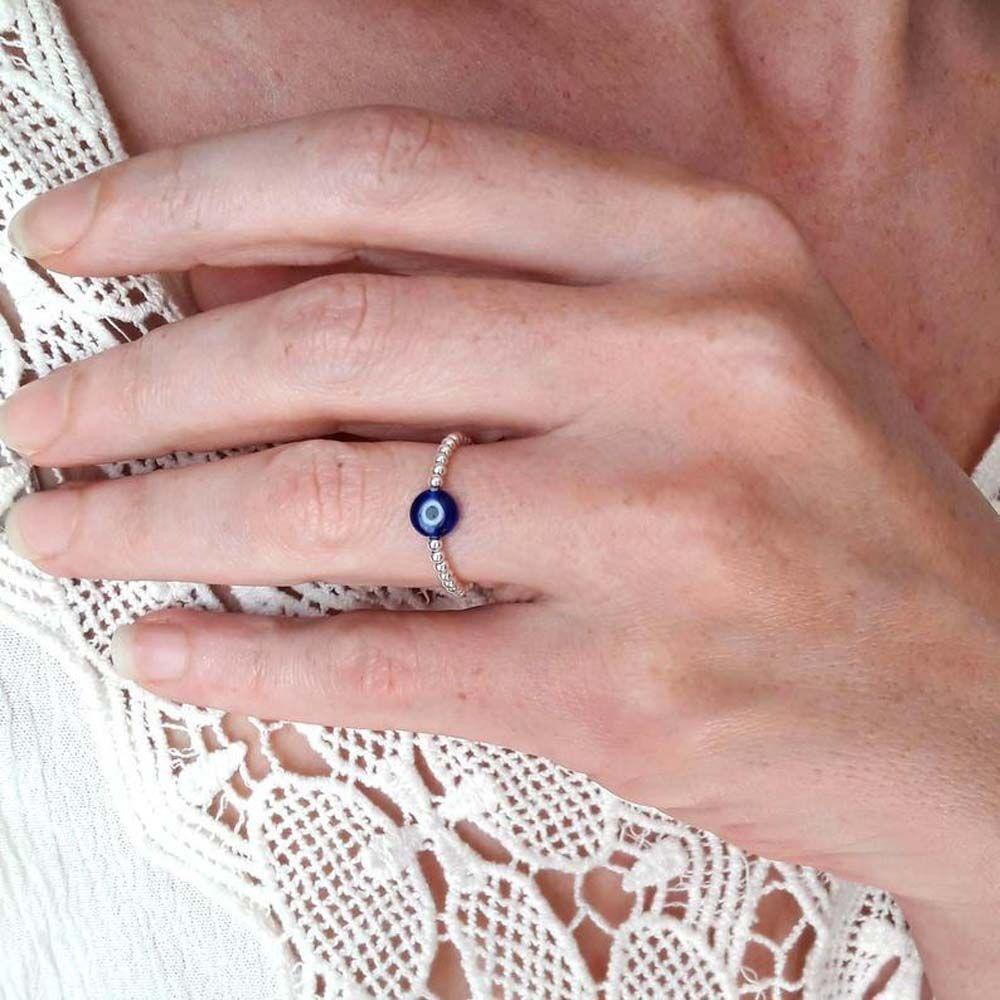 Nhẫn Tròn Mặt Kính Xanh Dương Đính Hạt Hình Mắt Quỷ May Mắn Bằng Kim Loại Phong Cách Hip Hop Unisex Back