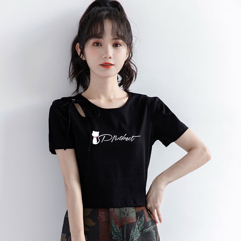 AMOI Áo Thun Dáng Ngắn Phối Rách Thời Trang 2022 Cho Nữ