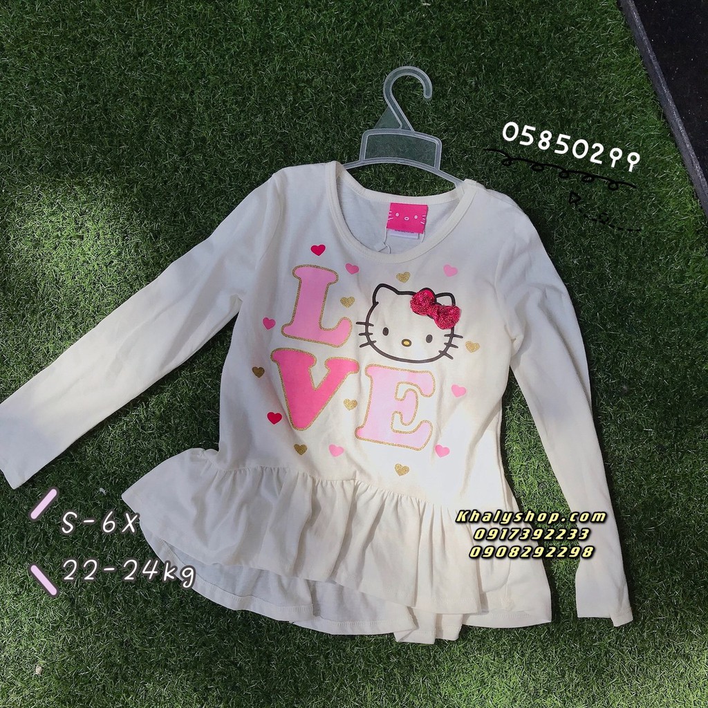 Áo tay dài trẻ em hình mèo Hello Kitty Love màu trắng kem phối bèo size S (6X) cho bé gái 6 tuổi (Mỹ US-UK) - ATTDKT04