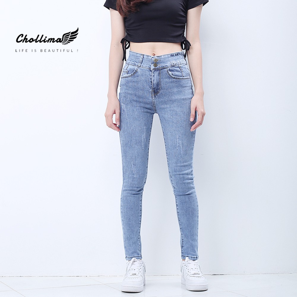 Quần jeans dài nữ co giãn Chollima cạp thường lưng bản to mài xước màu thumbnail