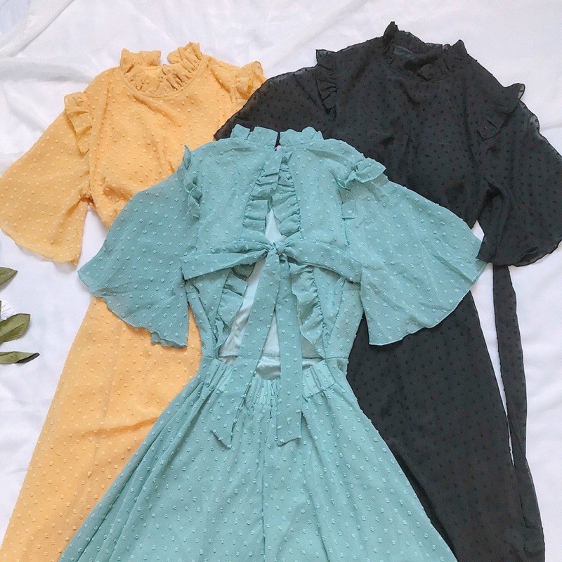 Đầm maxi voan bi nổi hở lưng cột nơ | BigBuy360 - bigbuy360.vn