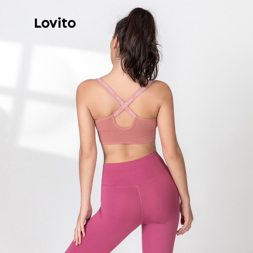 Áo lót Lovito kiểu thể thao màu trơn phối xích chéo L06006 (xanh lá/hồng)