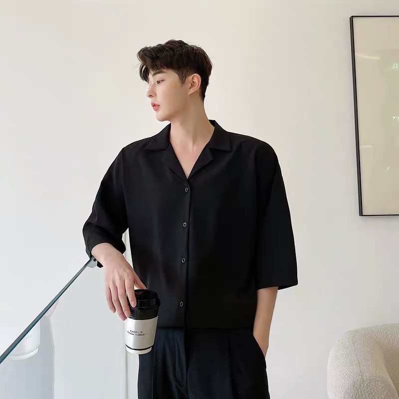 ÁO SƠMI LỤA ĐEN TRƠN CỔ VEST FORM UNISEX (có hình chụp thật)