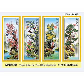 tranh thêu chữ thập tứ quý xuân hạ thu đông kt 146x100cm( tầm 35-37cm chiều rộng x100cm)