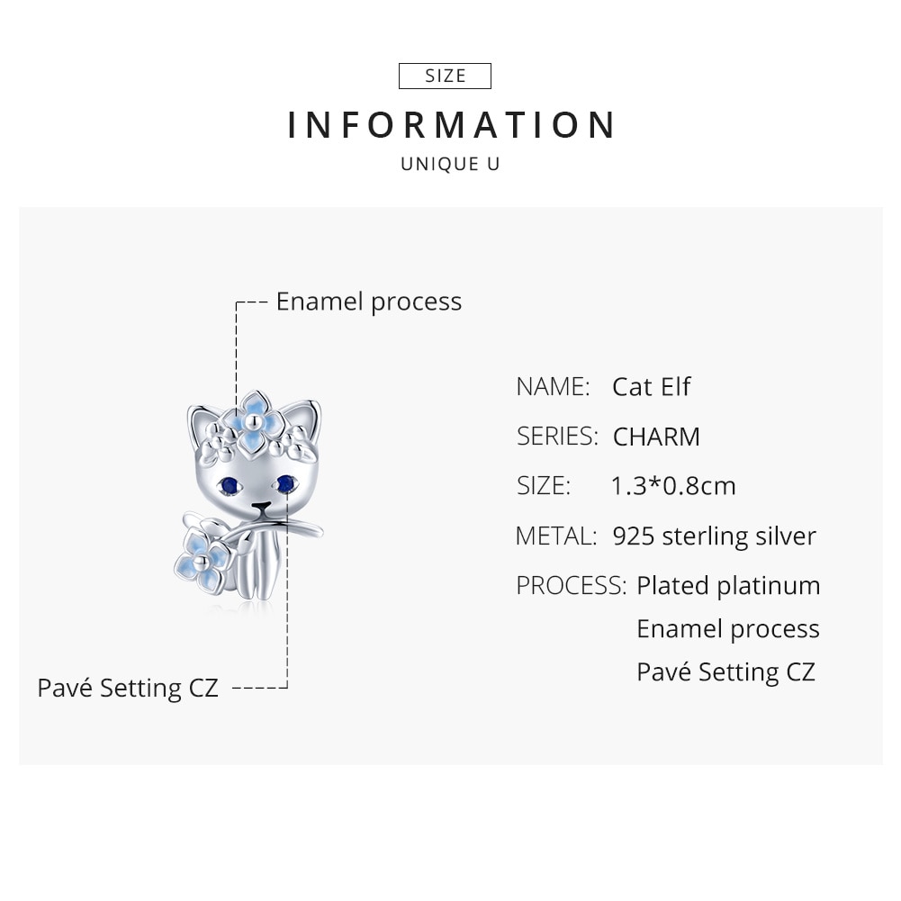 Hạt charm Bamoer BSC394 mạ bạc 925 hình mèo và cành hoa dễ thương trang trí vòng tay